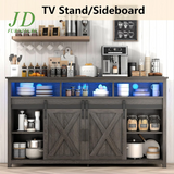 4 Layer Farmhouse Coffee Bar Cabinet with Power Outlet & LED Light, 57" Double Barn Door Buffet Sideboard Kitchen Storage with Adjustable Shelves(Grey)