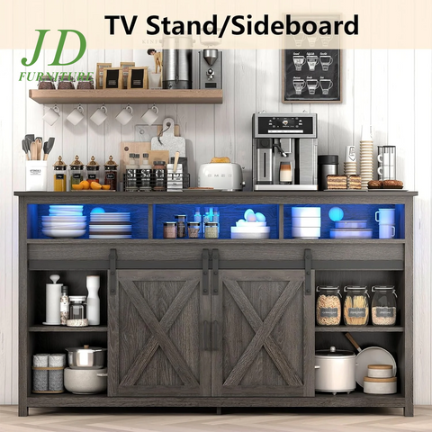 4 Layer Farmhouse Coffee Bar Cabinet with Power Outlet & LED Light, 57" Double Barn Door Buffet Sideboard Kitchen Storage with Adjustable Shelves(Grey)