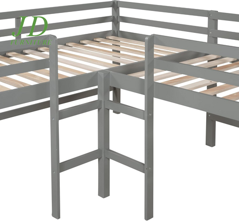 Twin Loft Bed with Slide for Kids – L-Shaped Wood Corner Bed Frame, Ladders & Guardrails, Grey