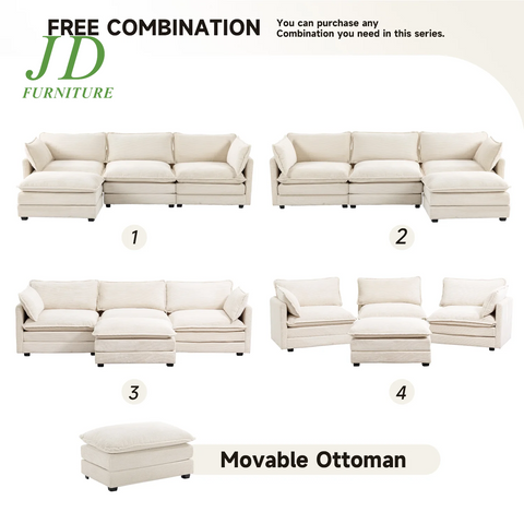 Sectional Sofa with Ottoman, Small L Shaped Free Combination Corduroy Couch Furniture Sets for Living Room, Beige