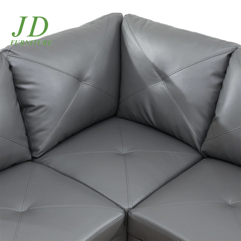 Modern L-Shaped Faux Leather Sectional Sofa – 4-Seat Dark Grey Couch with 16" Back Height for Living Room (No Ottoman)