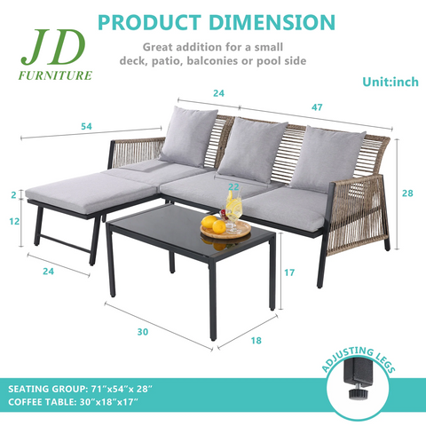 Outdoor Furniture Set - 3 Piece Metal Reclining Outdoor Conversation Sets with Cushion, Gray/Gray