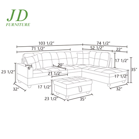 Convertible L-Shaped Sectional Sofa – Black Couch for Small Living Room (Without Ottoman)