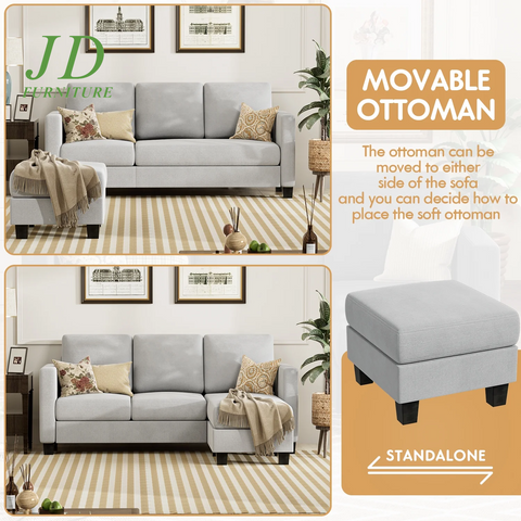 70" L-Shaped Sectional Sofa – 3-Seat Gray Couch with Reversible Chaise for Small Spaces & Apartments
