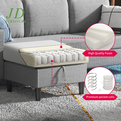 Small Space Sectional Sofa – L-Shaped with Storage Ottoman & Movable Modules, Light Grey Linen Living Room Couch