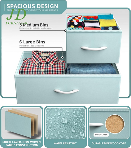 Kids 9-Drawer Dresser – Aqua Fabric Storage Chest with Wood Top & Steel Frame for Bedroom, Closet, or Office