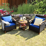 3-Piece Patio Furniture Set – Outdoor Rattan Sofa & Side Table with Acacia Wood Frame, Navy Blue Cushions (Removable & Washable)