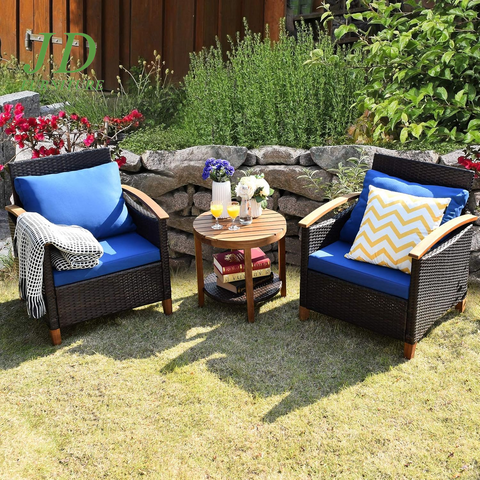 3-Piece Patio Furniture Set – Outdoor Rattan Sofa & Side Table with Acacia Wood Frame, Navy Blue Cushions (Removable & Washable)