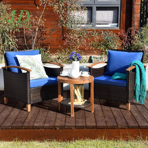 3-Piece Patio Furniture Set – Outdoor Rattan Sofa & Side Table with Acacia Wood Frame, Navy Blue Cushions (Removable & Washable)