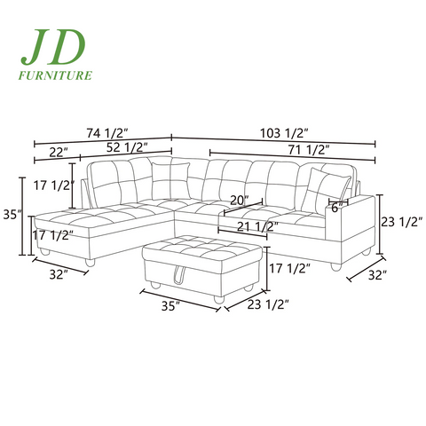 Modern L-Shaped Sectional Sofa Set – Off-White Chenille Couch for Apartment Living Room (No Ottoman)