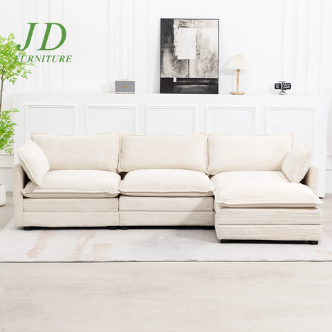 Sectional Sofa with Ottoman, Small L Shaped Free Combination Corduroy Couch Furniture Sets for Living Room, Beige