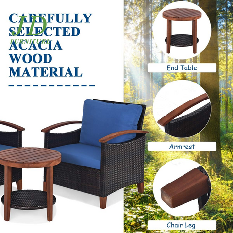 3-Piece Patio Furniture Set – Outdoor Rattan Sofa & Side Table with Acacia Wood Frame, Navy Blue Cushions (Removable & Washable)