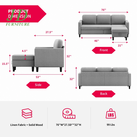 Small Space Sectional Sofa – L-Shaped with Storage Ottoman & Movable Modules, Light Grey Linen Living Room Couch