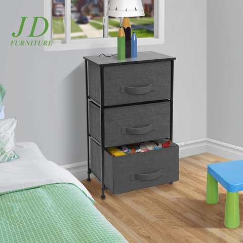 3-Drawer Nightstand – Bedside Table with Fabric Bins, Wood Top & Steel Frame for Bedroom, Office, or Dorm