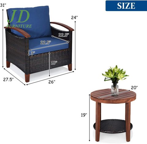 3-Piece Patio Furniture Set – Outdoor Rattan Sofa & Side Table with Acacia Wood Frame, Navy Blue Cushions (Removable & Washable)