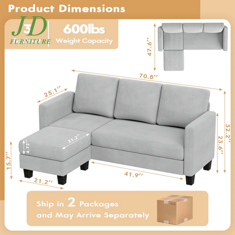 70" L-Shaped Sectional Sofa – 3-Seat Gray Couch with Reversible Chaise for Small Spaces & Apartments