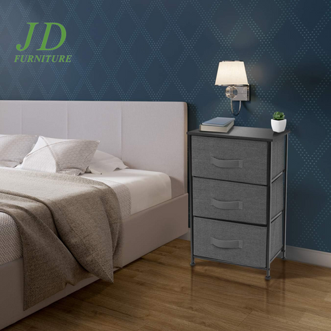 3-Drawer Nightstand – Bedside Table with Fabric Bins, Wood Top & Steel Frame for Bedroom, Office, or Dorm