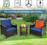 3-Piece Patio Furniture Set – Outdoor Rattan Sofa & Side Table with Acacia Wood Frame, Navy Blue Cushions (Removable & Washable)