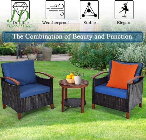 3-Piece Patio Furniture Set – Outdoor Rattan Sofa & Side Table with Acacia Wood Frame, Navy Blue Cushions (Removable & Washable)