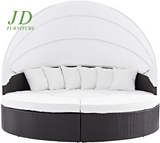 Convene Outdoor Wicker Rattan Daybed – Round Patio Sectional Sofa with Retractable Canopy & Cushions, Espresso/White