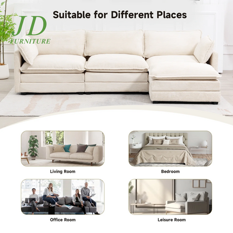 Sectional Sofa with Ottoman, Small L Shaped Free Combination Corduroy Couch Furniture Sets for Living Room, Beige