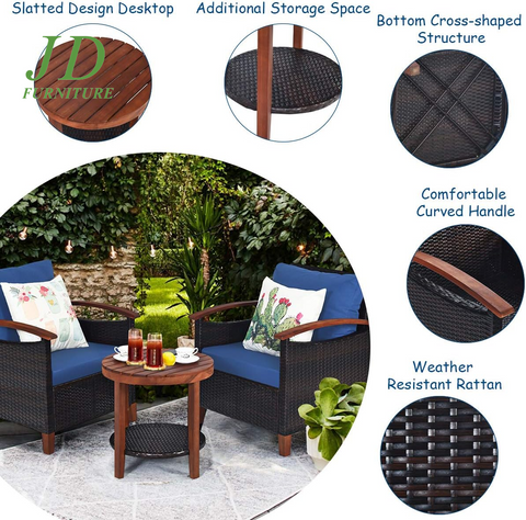 3-Piece Patio Furniture Set – Outdoor Rattan Sofa & Side Table with Acacia Wood Frame, Navy Blue Cushions (Removable & Washable)