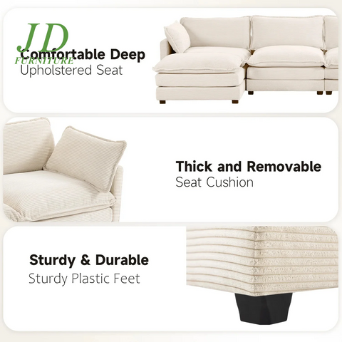 Sectional Sofa with Ottoman, Small L Shaped Free Combination Corduroy Couch Furniture Sets for Living Room, Beige