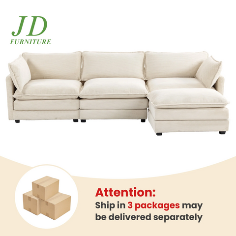 Sectional Sofa with Ottoman, Small L Shaped Free Combination Corduroy Couch Furniture Sets for Living Room, Beige