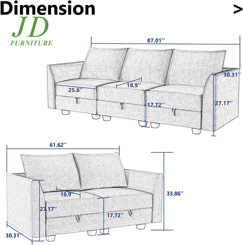 2-Piece Modular Sofa & Loveseat Set – Reconfigurable Living Room Furniture in Bluish Grey