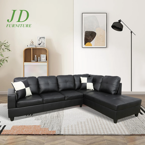 Convertible L-Shaped Sectional Sofa – Black Couch for Small Living Room (Without Ottoman)