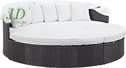 Convene Outdoor Wicker Rattan Daybed – Round Patio Sectional Sofa with Retractable Canopy & Cushions, Espresso/White