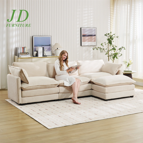 Sectional Sofa with Ottoman, Small L Shaped Free Combination Corduroy Couch Furniture Sets for Living Room, Beige