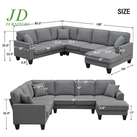 Convertible U-Shaped Modular Sectional Sofa – 7-Seat Fabric Sleeper Couch with Chaise & Recliner, Dark Gray