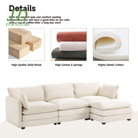 Sectional Sofa with Ottoman, Small L Shaped Free Combination Corduroy Couch Furniture Sets for Living Room, Beige