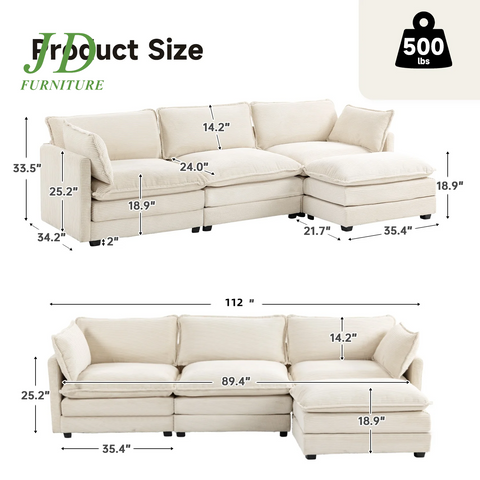 Sectional Sofa with Ottoman, Small L Shaped Free Combination Corduroy Couch Furniture Sets for Living Room, Beige