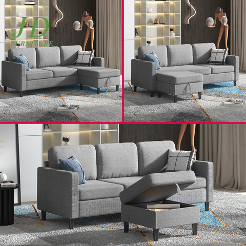 Small Space Sectional Sofa – L-Shaped with Storage Ottoman & Movable Modules, Light Grey Linen Living Room Couch