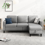 Small Space Sectional Sofa – L-Shaped with Storage Ottoman & Movable Modules, Light Grey Linen Living Room Couch