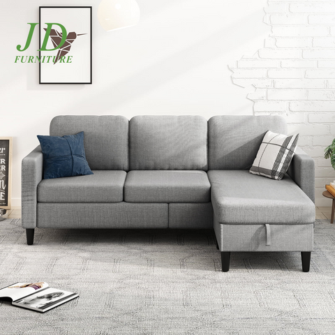 Small Space Sectional Sofa – L-Shaped with Storage Ottoman & Movable Modules, Light Grey Linen Living Room Couch