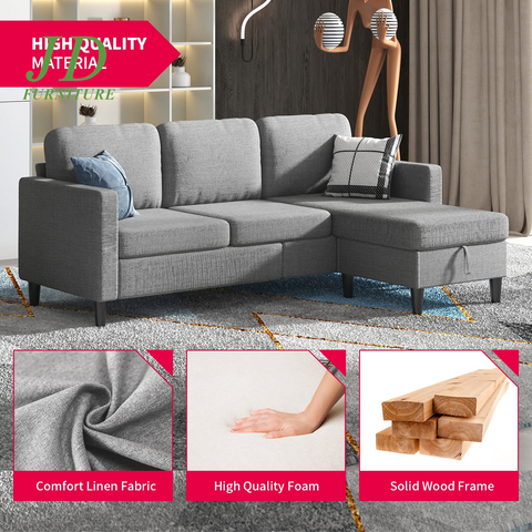 Small Space Sectional Sofa – L-Shaped with Storage Ottoman & Movable Modules, Light Grey Linen Living Room Couch