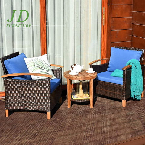 3-Piece Patio Furniture Set – Outdoor Rattan Sofa & Side Table with Acacia Wood Frame, Navy Blue Cushions (Removable & Washable)