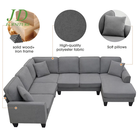 Convertible U-Shaped Modular Sectional Sofa – 7-Seat Fabric Sleeper Couch with Chaise & Recliner, Dark Gray