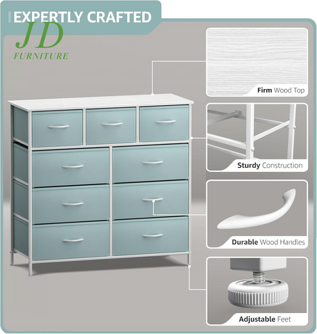 Kids 9-Drawer Dresser – Aqua Fabric Storage Chest with Wood Top & Steel Frame for Bedroom, Closet, or Office
